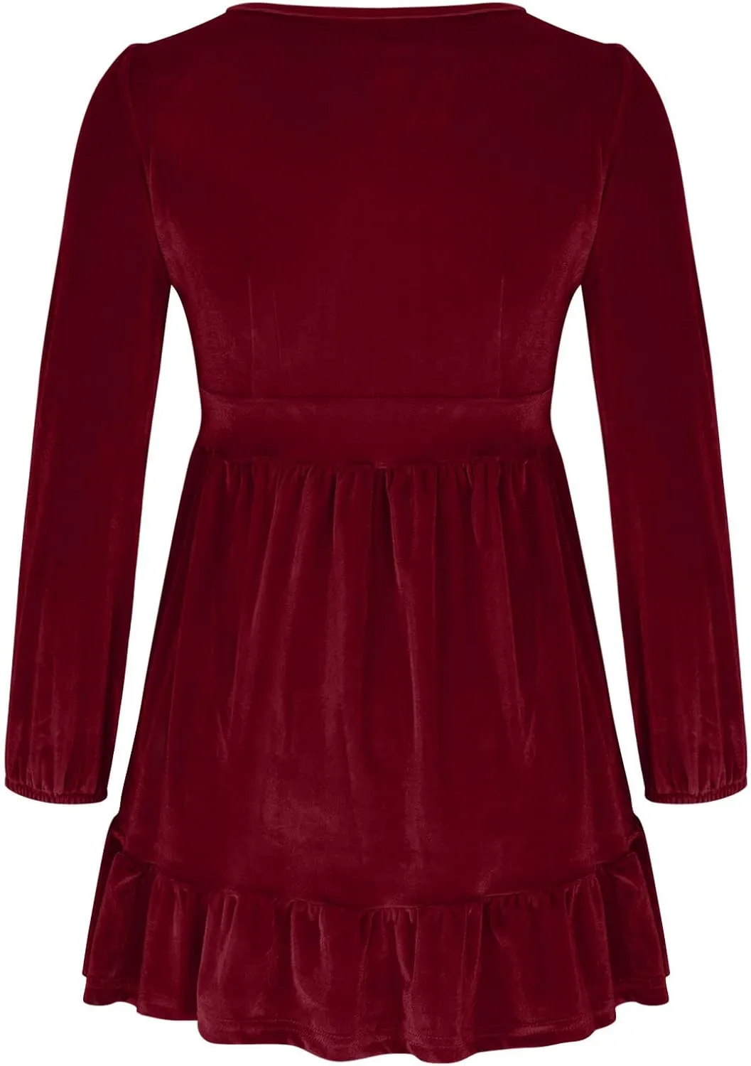 JOAU Women's 2024 Casual Long Sleeve Velvet Dresses Sexy Deep V Neck Ruffle Hem Empire Waist A Line Flowy Short Mini Dress