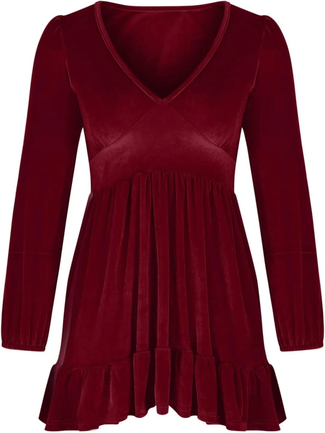 JOAU Women's 2024 Casual Long Sleeve Velvet Dresses Sexy Deep V Neck Ruffle Hem Empire Waist A Line Flowy Short Mini Dress