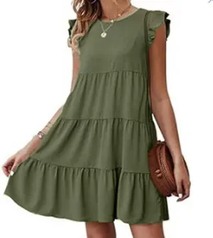 JOAU Women's 2024 Summer Casual Dresses Ruffle Cap Sleeve Crew Neck Loose Fit Sundress Flowy Tiered Swing Beach Mini Dress