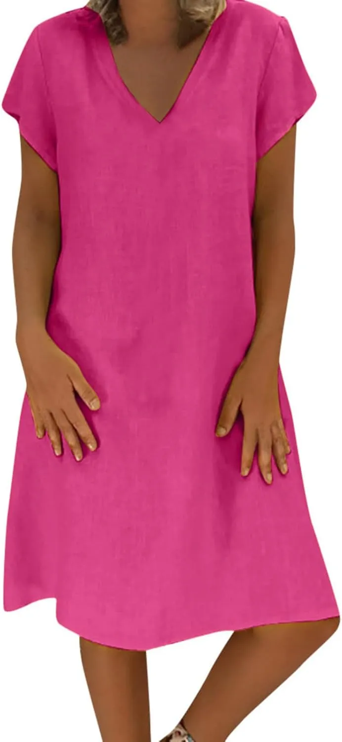 JOAU Women's 2024 Summer Cotton Linen Midi Dress V Neck Beach Vacation Short Sleeve Casual Knee Length Shirt Dresses