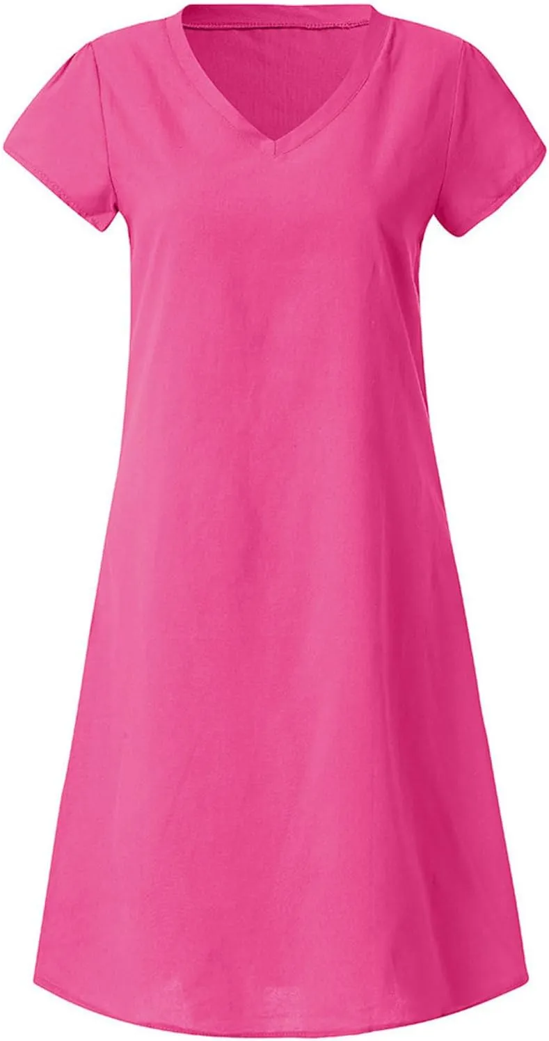 JOAU Women's 2024 Summer Cotton Linen Midi Dress V Neck Beach Vacation Short Sleeve Casual Knee Length Shirt Dresses