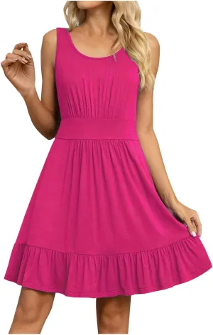 JOAU Women's Summer 2024 Beach Casual Sleeveless Crew Neck Tank Dress Loose Pleated Empire Waist Ruffle Hem Mini Sundress