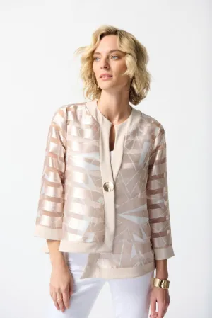 Joseph Ribkoff Beige/Off-White Striped Satin Sheer 3/4 Sleeve Swing Jacket 242170