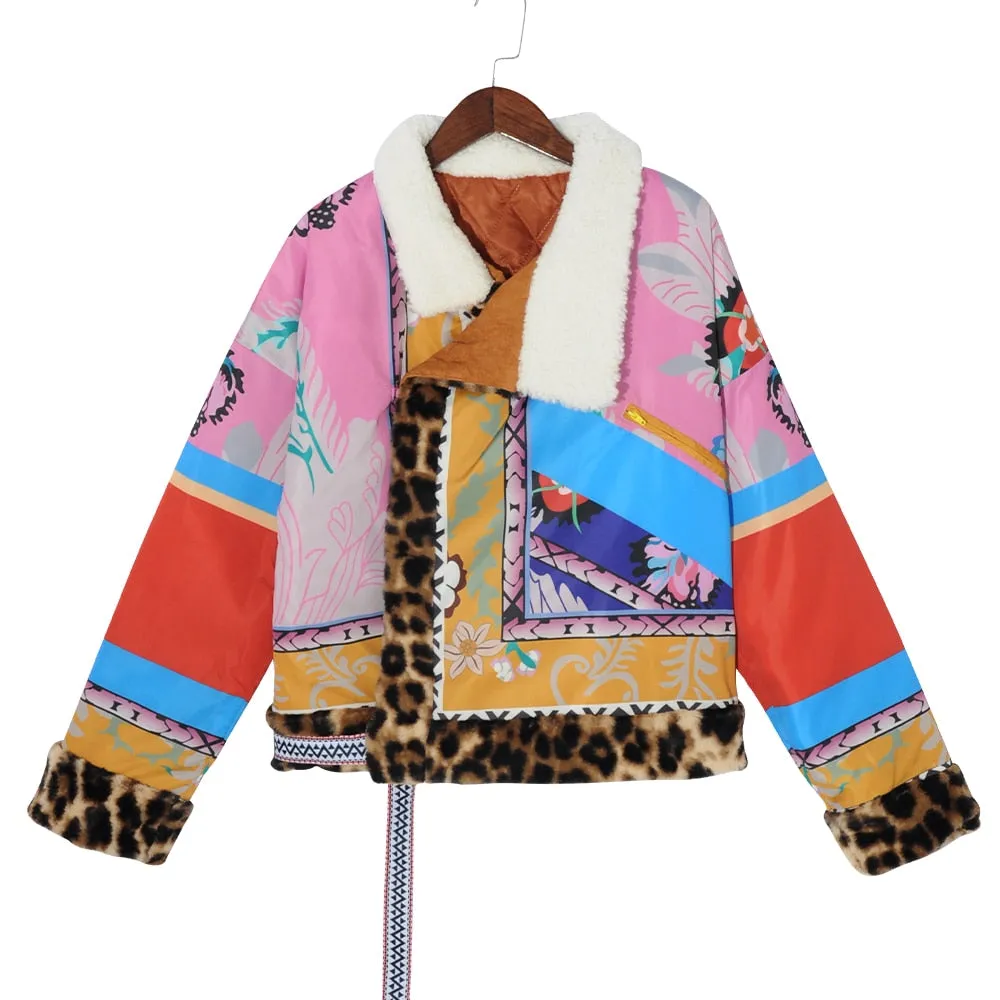 Joskaa Autumn Winter New Coat Women Down Jacket Collar Coats National Style Street Short Print Warm Ladies Chic Outwear Female