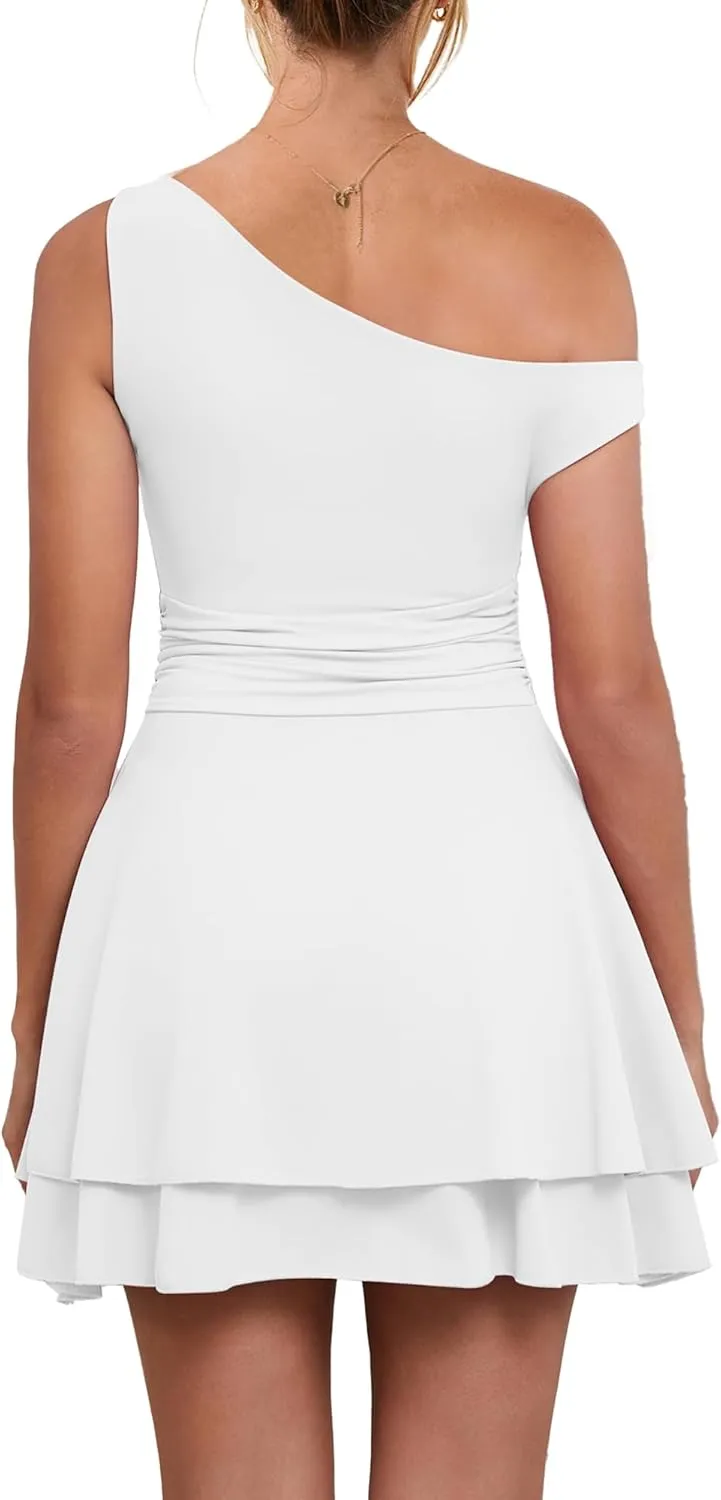 Kaximil Women's Sexy Ruffle Hem Mini Dress One Shoulder A Line Ruched Short Party Dresses
