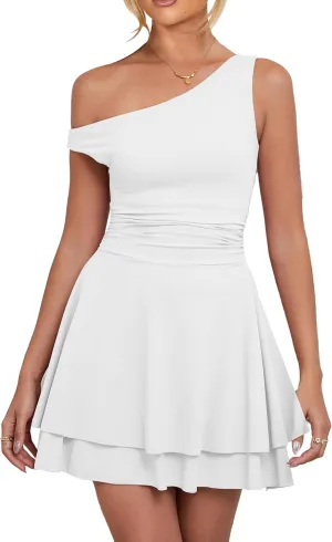 Kaximil Women's Sexy Ruffle Hem Mini Dress One Shoulder A Line Ruched Short Party Dresses