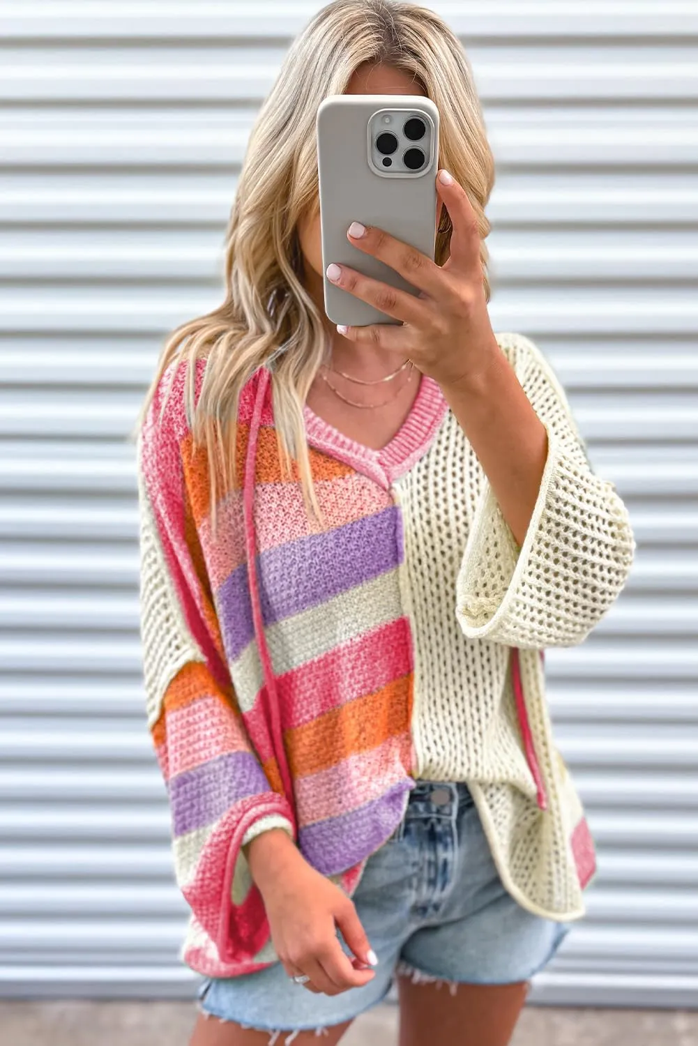 KevaMolly Womens Long Sleeve Sweaters Oversized Colorblock V Neck Hooded Sweater Casual Daily Tops