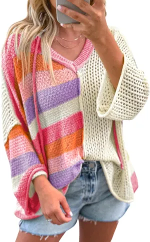 KevaMolly Womens Long Sleeve Sweaters Oversized Colorblock V Neck Hooded Sweater Casual Daily Tops