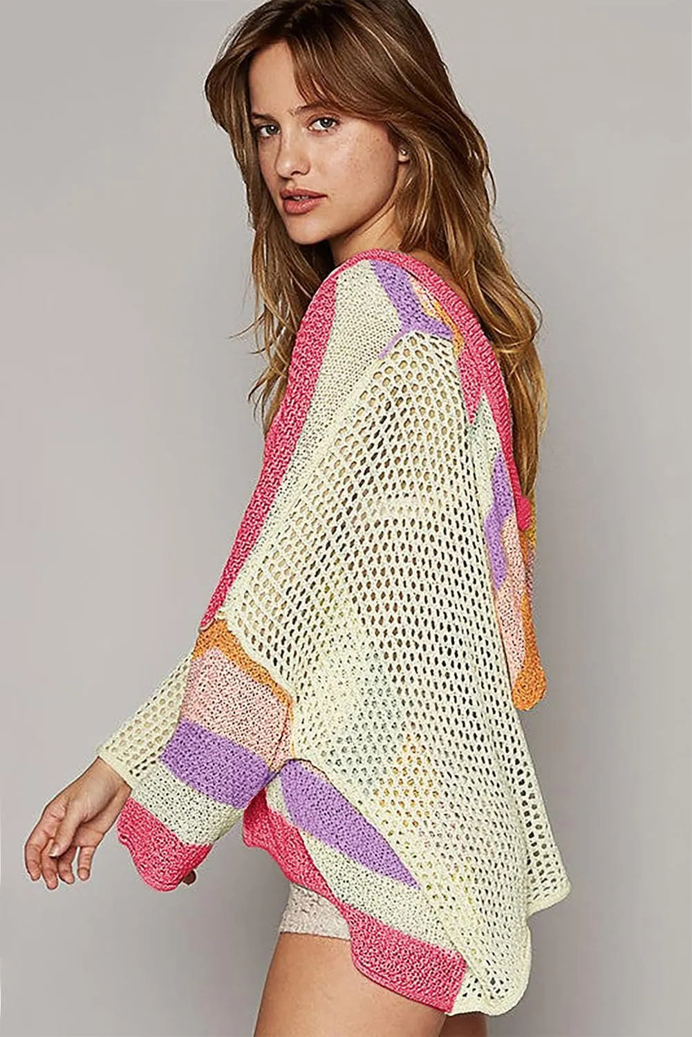 KevaMolly Womens Long Sleeve Sweaters Oversized Colorblock V Neck Hooded Sweater Casual Daily Tops