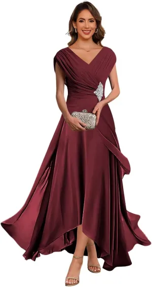 Lace Applique Chiffon Mother of The Bride Dresses Cap Sleeves Evening Gown V Neck Formal Dress for Wedding QA213