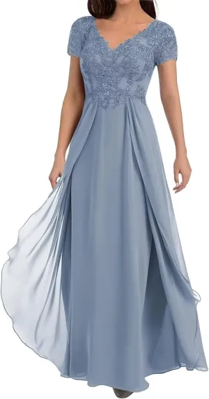 Lace Appliques Mother of The Bride Dresses for Wedding Cap Sleeve V Neck Chiffon A LineFormal Evening Party Gowns for Women