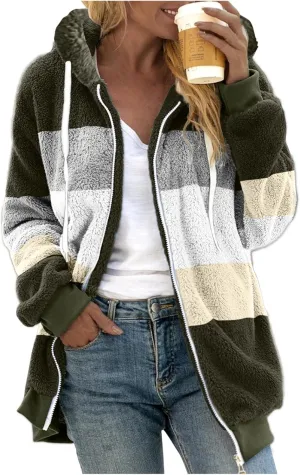 LCMTWX Womens Winter Fuzzy Fleece Jacket Color Artificial Wool Zipper Drawstring Long-Sleeved Hoodie Sweater Coats for De