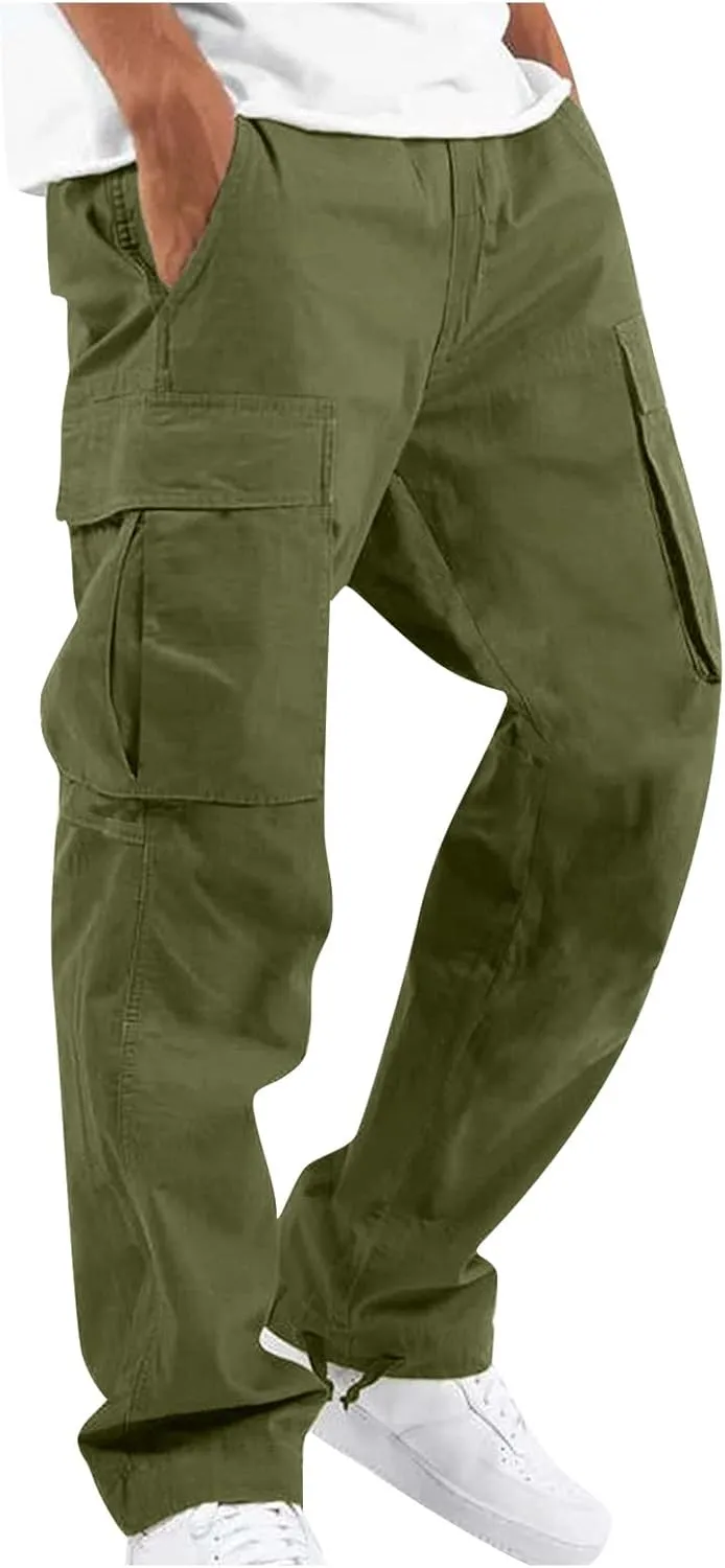 lcyhony Mens Cargo Pants Lightweight Breathable Tactical Pants Elastic Waist Straight Leg Sweatpants with Multi Pockets