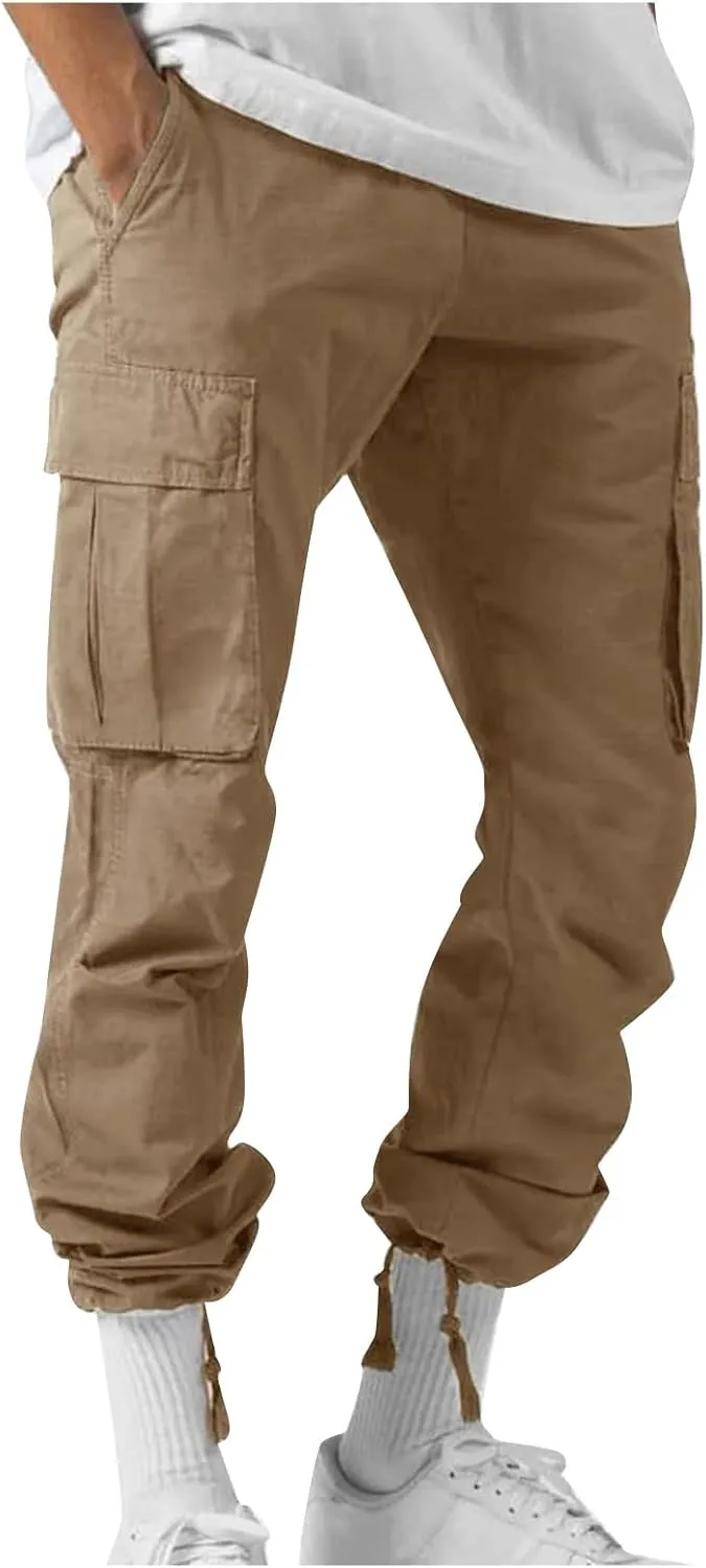 lcyhony Mens Cargo Pants Lightweight Breathable Tactical Pants Elastic Waist Straight Leg Sweatpants with Multi Pockets