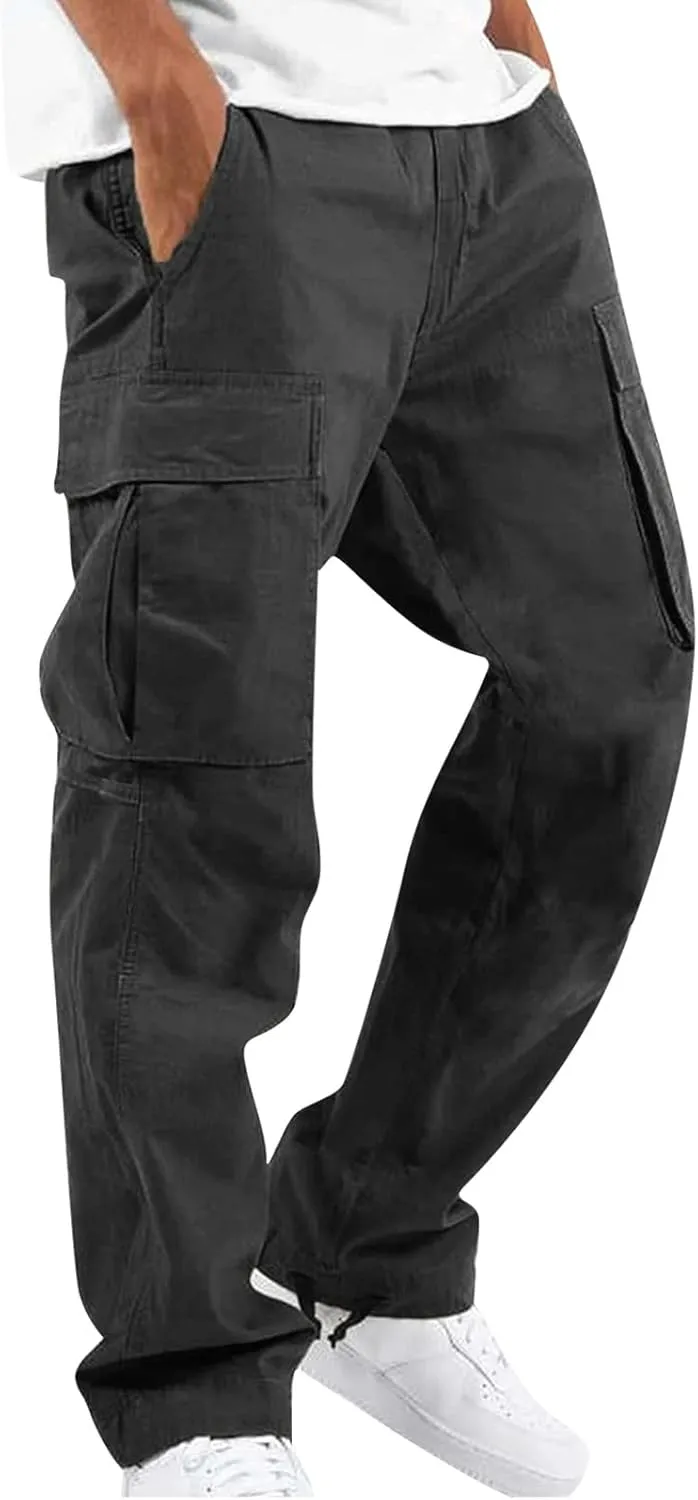 lcyhony Mens Cargo Pants Lightweight Breathable Tactical Pants Elastic Waist Straight Leg Sweatpants with Multi Pockets