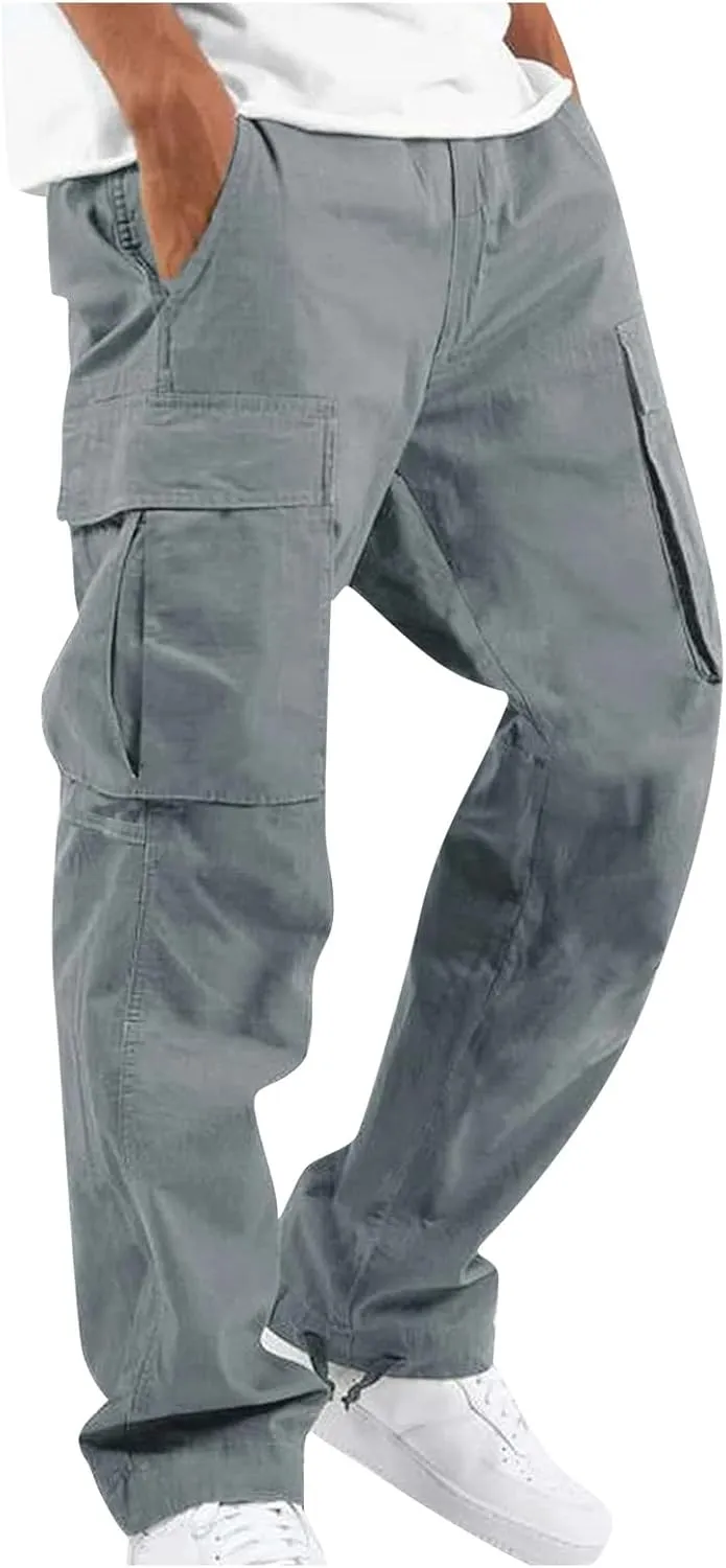 lcyhony Mens Cargo Pants Lightweight Breathable Tactical Pants Elastic Waist Straight Leg Sweatpants with Multi Pockets