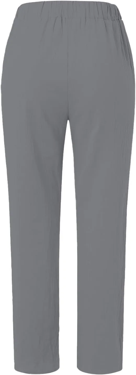 Linen Capris for Women Elastic Waist Drawstring Side Button Trendy Straight Leg Baggy Pants with Pocket