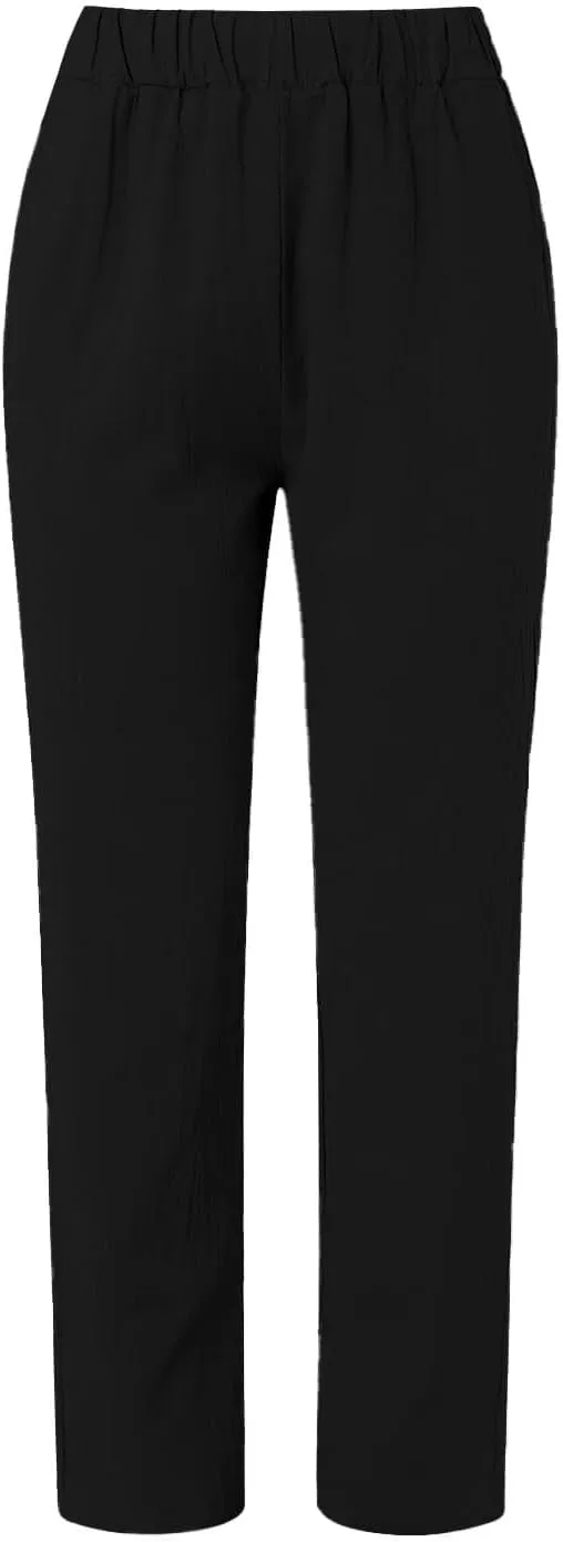 Linen Capris for Women Elastic Waist Drawstring Side Button Trendy Straight Leg Baggy Pants with Pocket