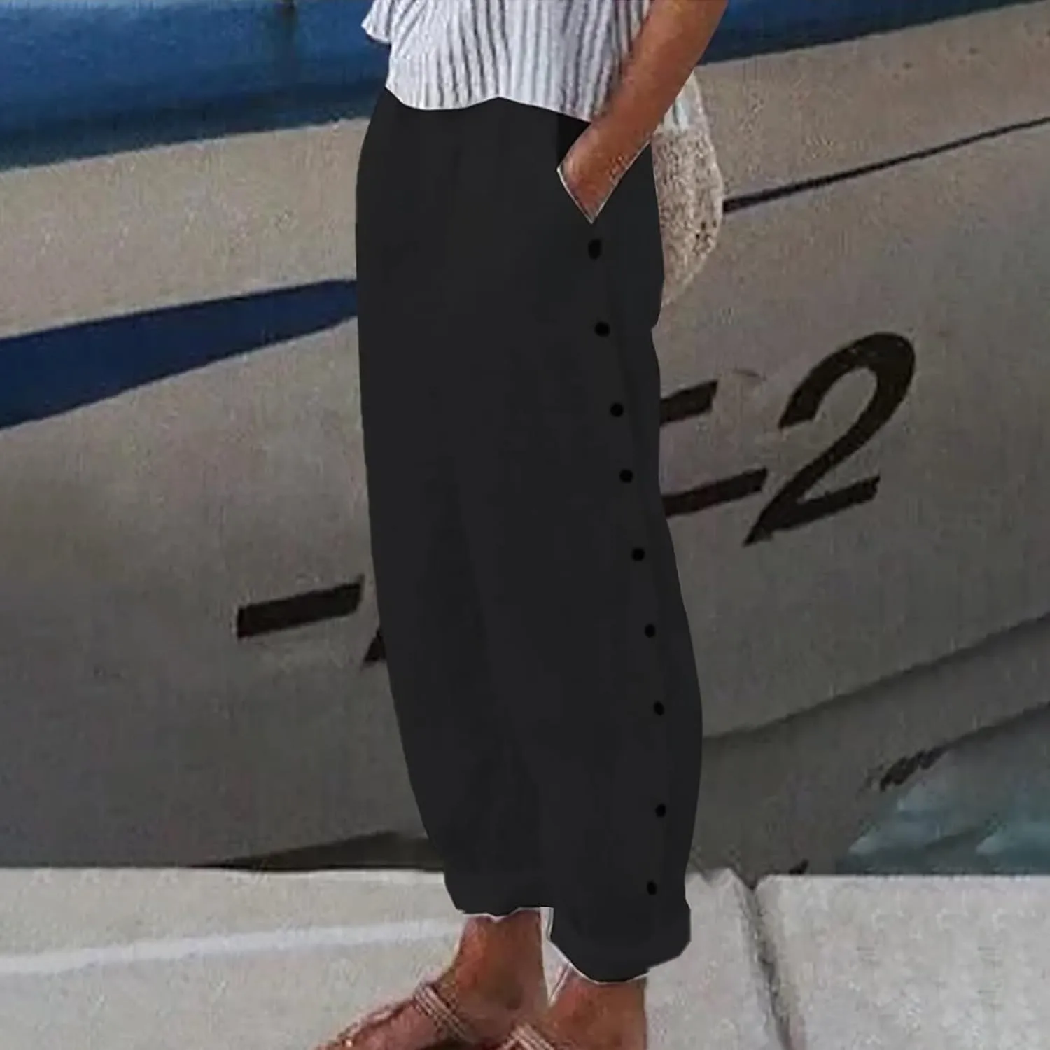 Linen Capris for Women Elastic Waist Drawstring Side Button Trendy Straight Leg Baggy Pants with Pocket