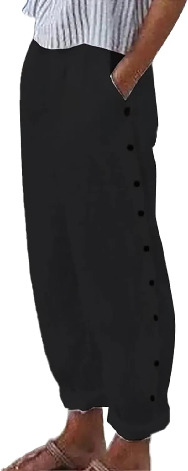 Linen Capris for Women Elastic Waist Drawstring Side Button Trendy Straight Leg Baggy Pants with Pocket