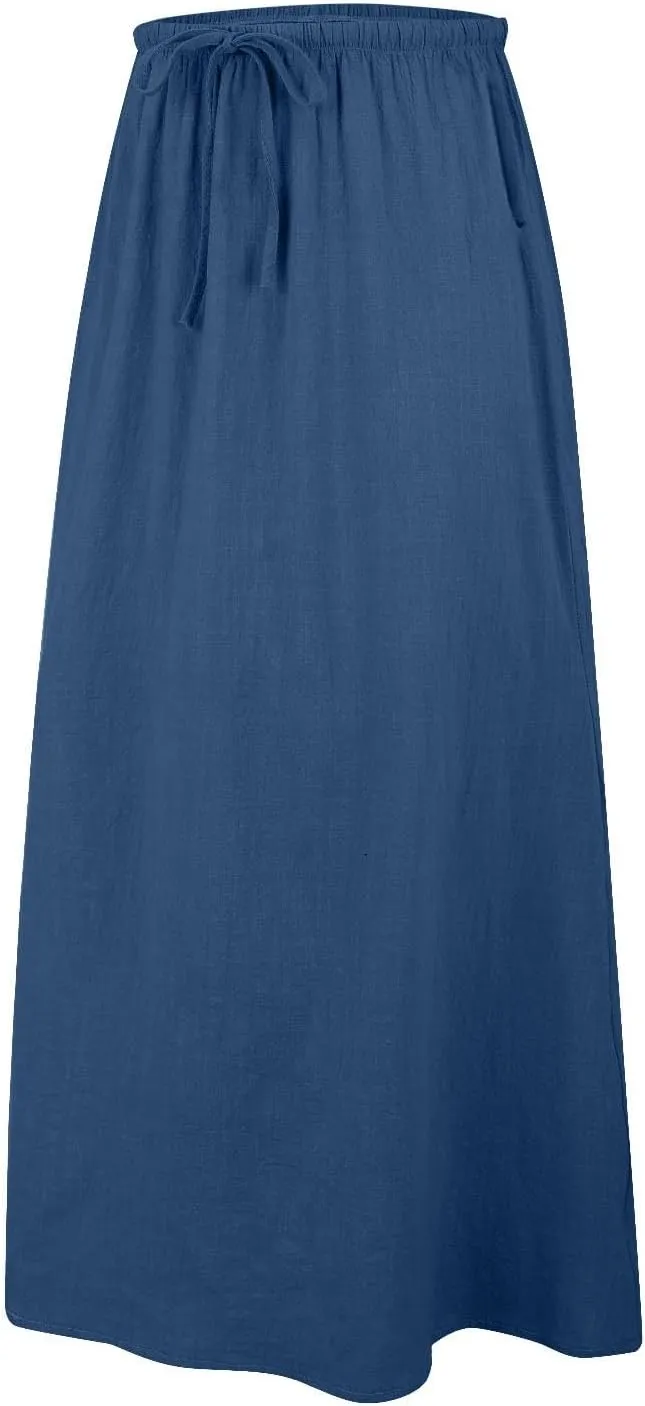 Linen Maxi Skirts for Women Trendy Summer Comfy Drawstring Waist A Line Skirts Cute Vacation Boho Long Flowy Skirts