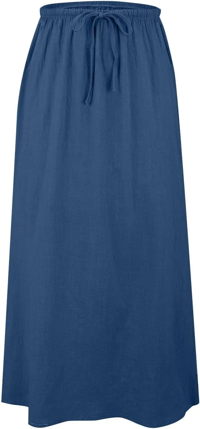 Linen Maxi Skirts for Women Trendy Summer Comfy Drawstring Waist A Line Skirts Cute Vacation Boho Long Flowy Skirts