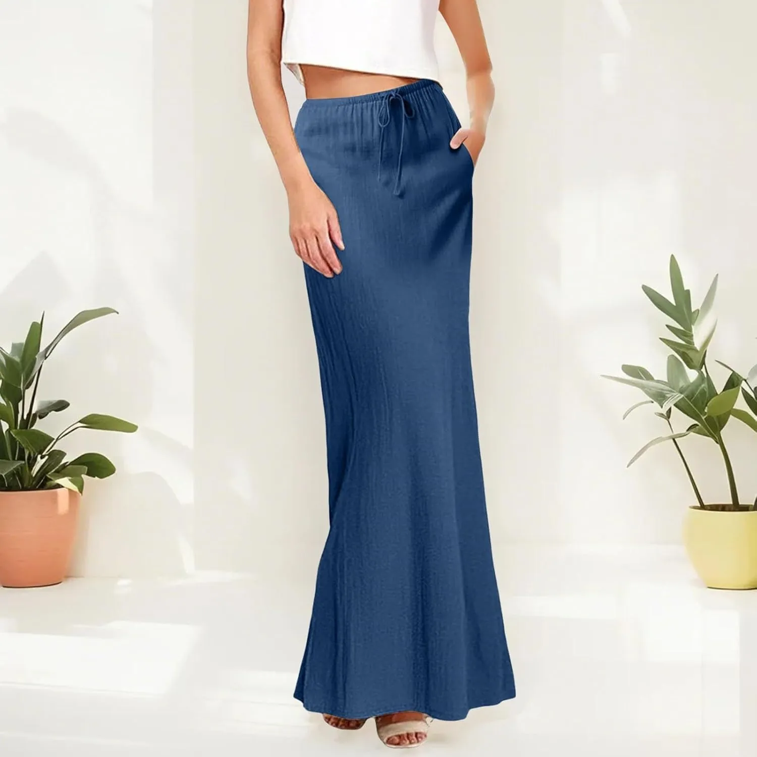Linen Maxi Skirts for Women Trendy Summer Comfy Drawstring Waist A Line Skirts Cute Vacation Boho Long Flowy Skirts