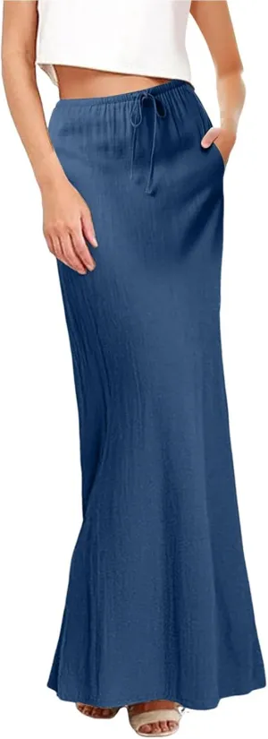 Linen Maxi Skirts for Women Trendy Summer Comfy Drawstring Waist A Line Skirts Cute Vacation Boho Long Flowy Skirts