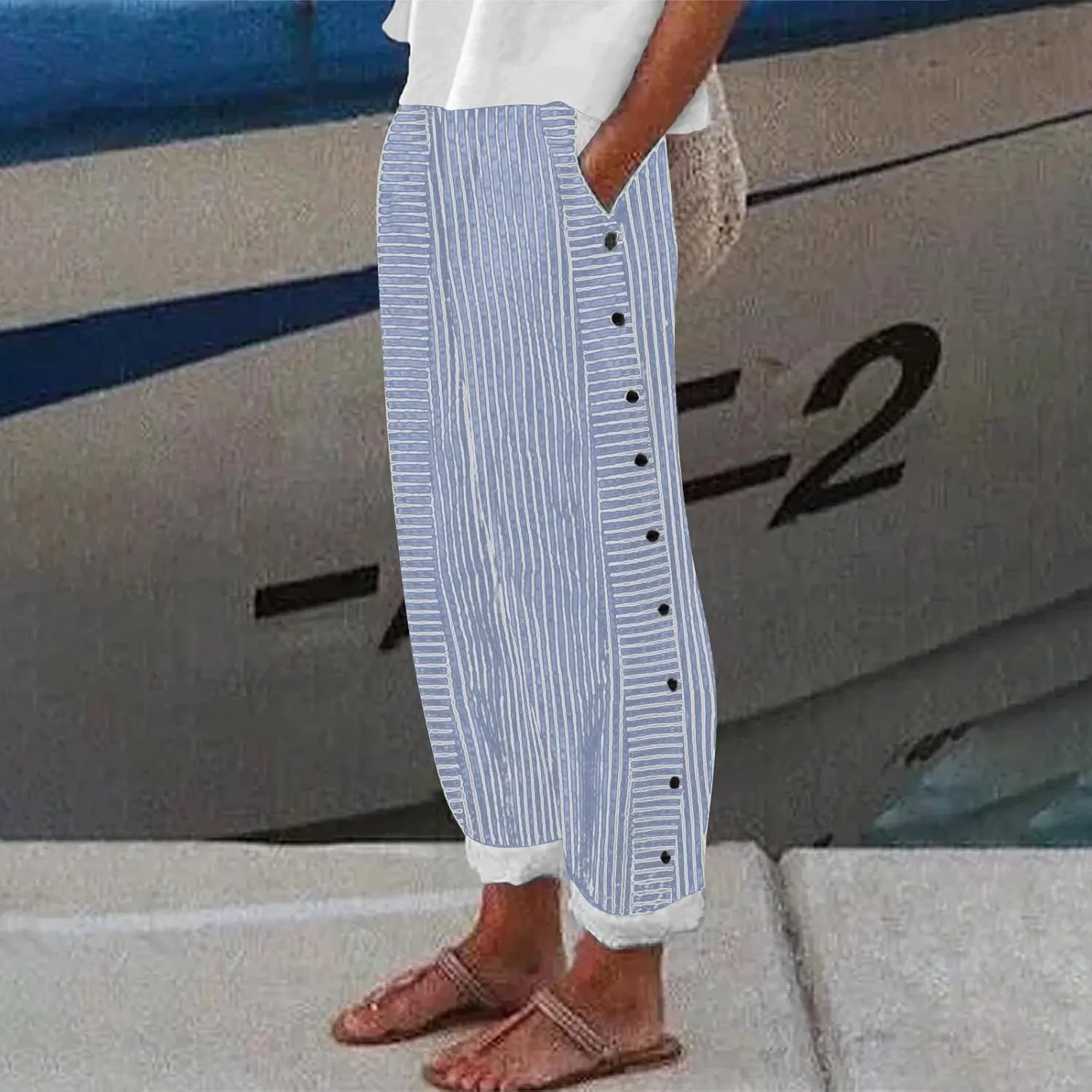 Linen Pants for Women Casual Pants Striped Side Button Plus Size Trendy Spring Summer Gauze Baggy Trousers with Pocket