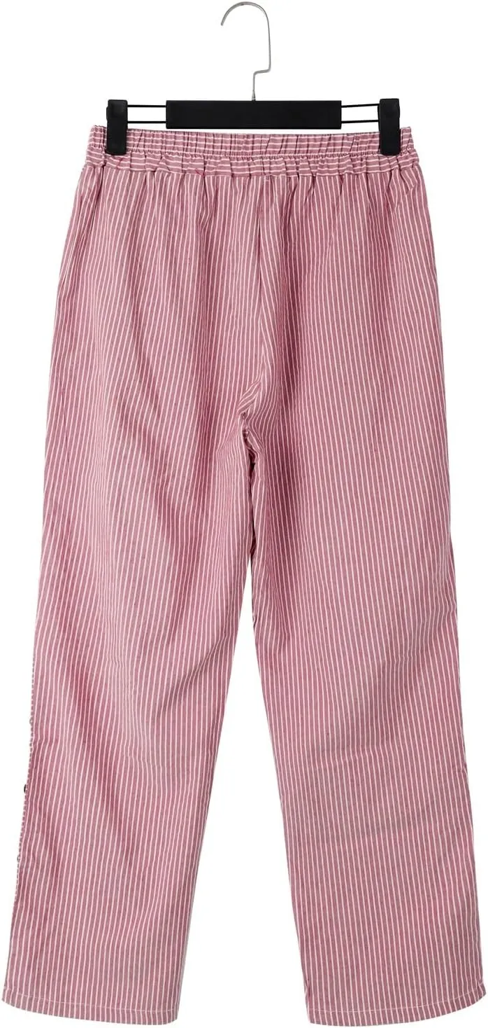 Linen Pants for Women Casual Pants Striped Side Button Plus Size Trendy Spring Summer Gauze Baggy Trousers with Pocket