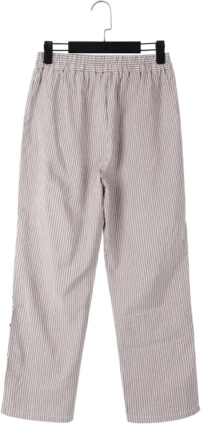 Linen Pants for Women Casual Pants Striped Side Button Plus Size Trendy Spring Summer Gauze Baggy Trousers with Pocket