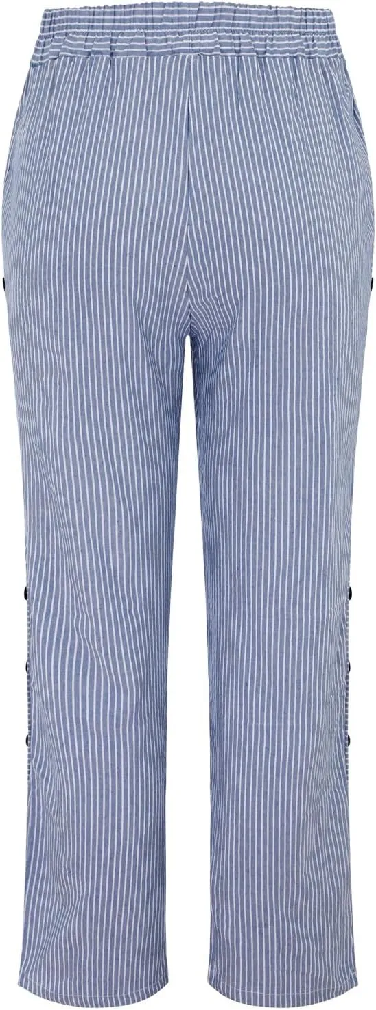 Linen Pants for Women Casual Pants Striped Side Button Plus Size Trendy Spring Summer Gauze Baggy Trousers with Pocket