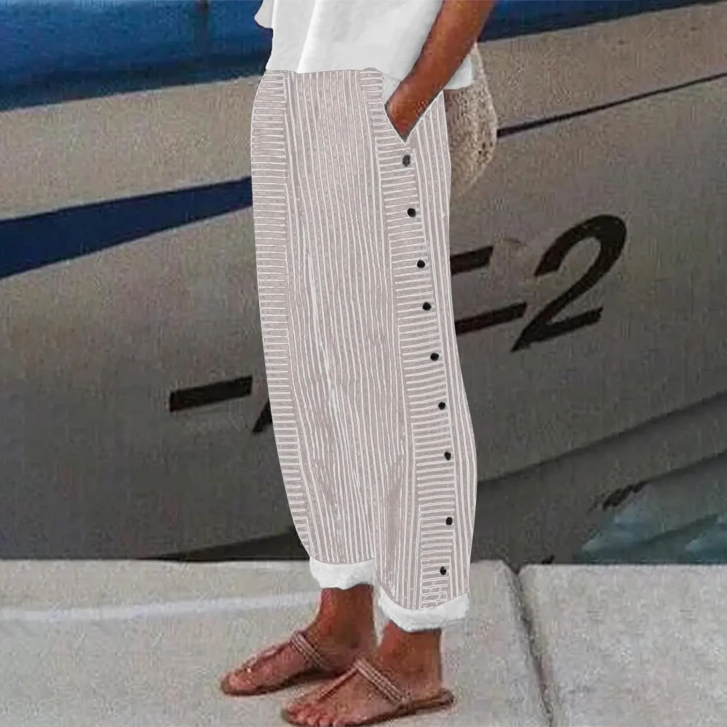 Linen Pants for Women Casual Pants Striped Side Button Plus Size Trendy Spring Summer Gauze Baggy Trousers with Pocket