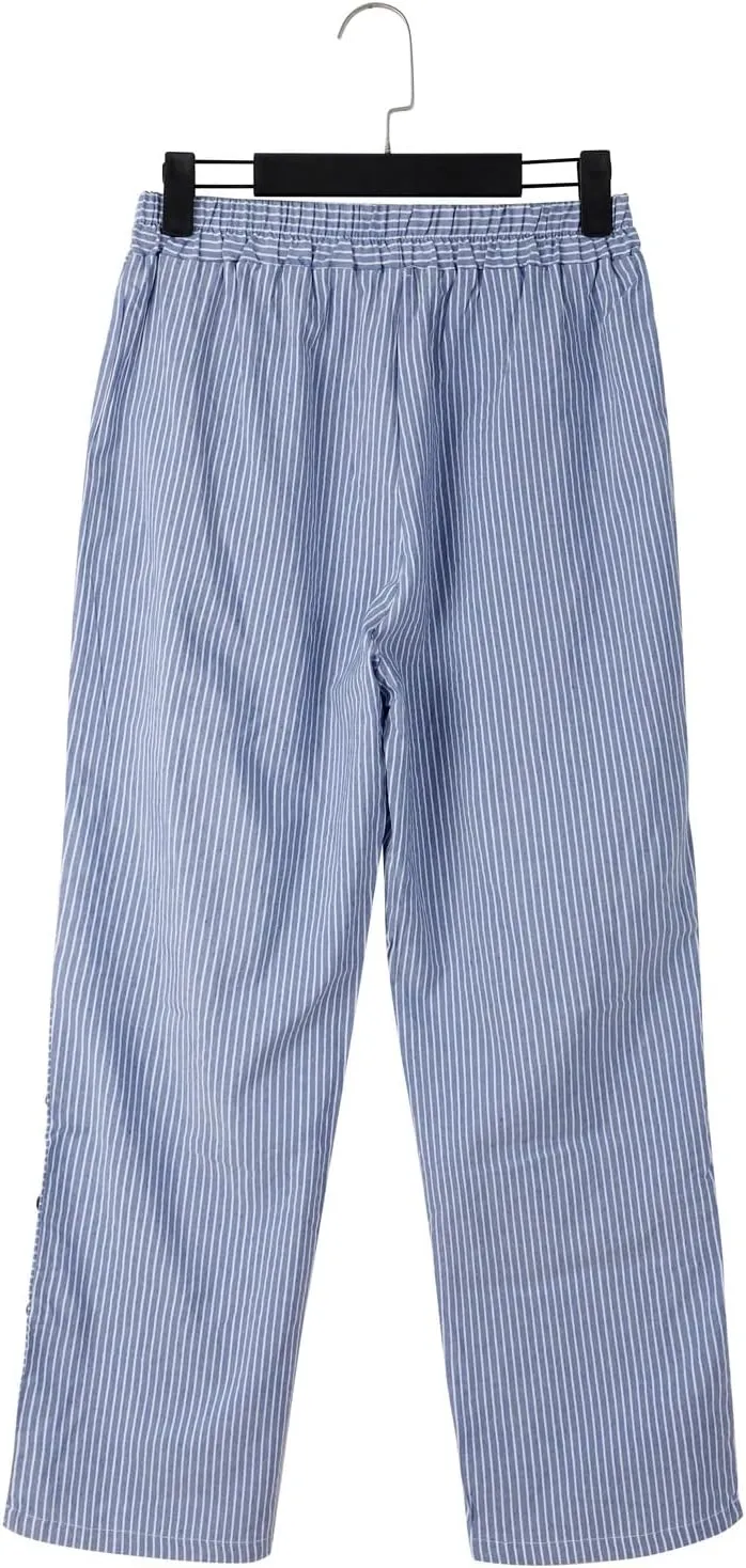 Linen Pants for Women Casual Pants Striped Side Button Plus Size Trendy Spring Summer Gauze Baggy Trousers with Pocket