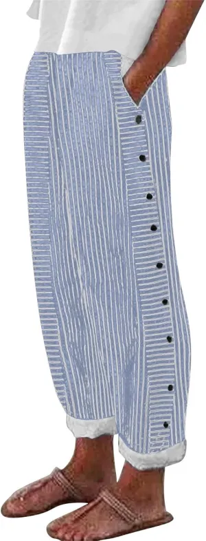 Linen Pants for Women Casual Pants Striped Side Button Plus Size Trendy Spring Summer Gauze Baggy Trousers with Pocket