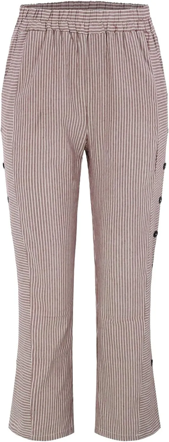 Linen Pants for Women Casual Pants Striped Side Button Plus Size Trendy Spring Summer Gauze Baggy Trousers with Pocket