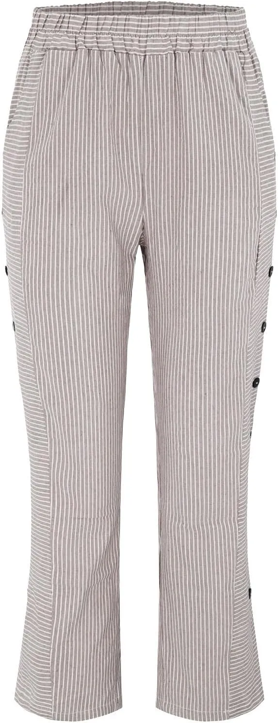 Linen Pants for Women Casual Pants Striped Side Button Plus Size Trendy Spring Summer Gauze Baggy Trousers with Pocket