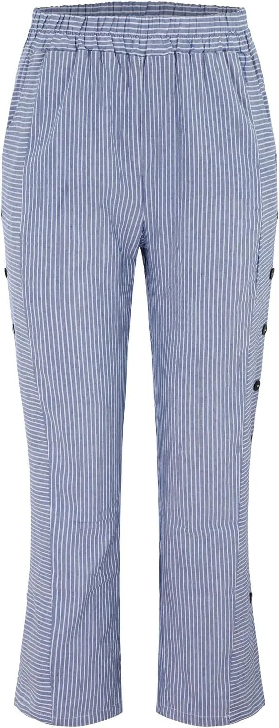 Linen Pants for Women Casual Pants Striped Side Button Plus Size Trendy Spring Summer Gauze Baggy Trousers with Pocket