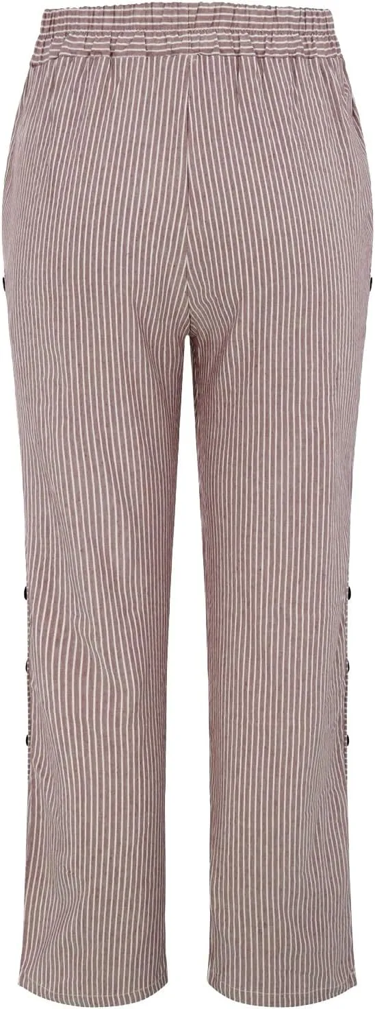Linen Pants for Women Casual Pants Striped Side Button Plus Size Trendy Spring Summer Gauze Baggy Trousers with Pocket