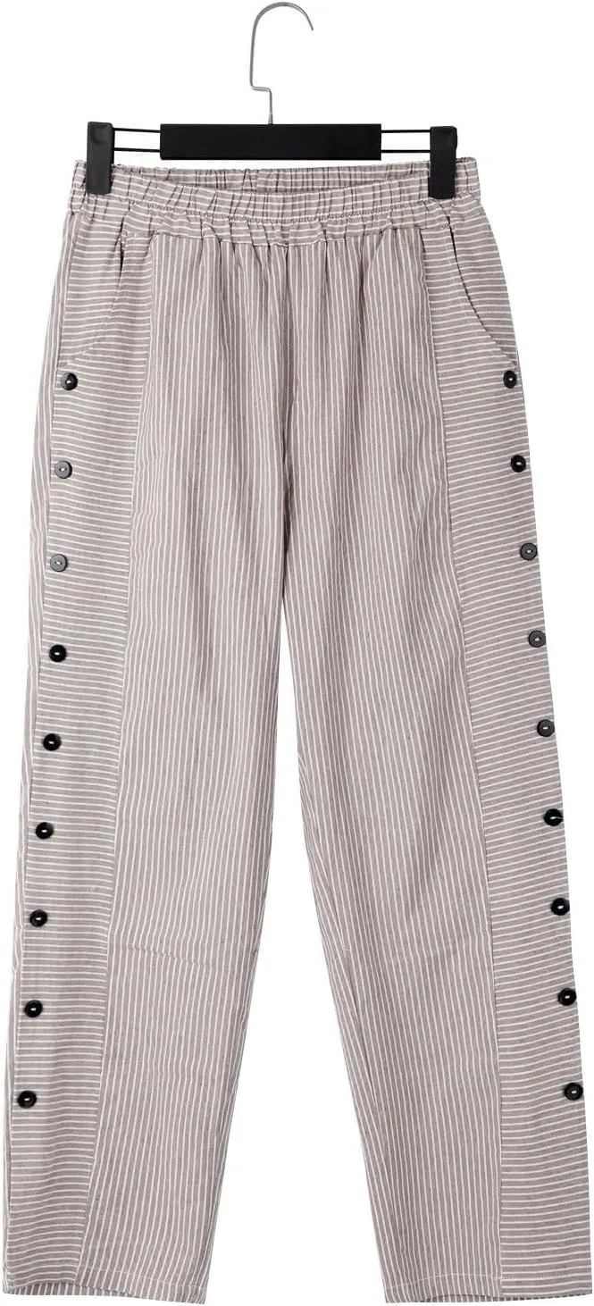 Linen Pants for Women Casual Pants Striped Side Button Plus Size Trendy Spring Summer Gauze Baggy Trousers with Pocket