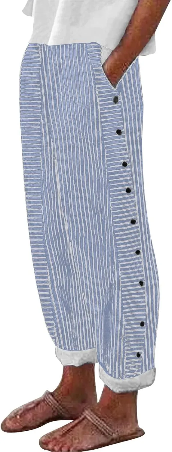 Linen Pants for Women Casual Pants Striped Side Button Plus Size Trendy Spring Summer Gauze Baggy Trousers with Pocket