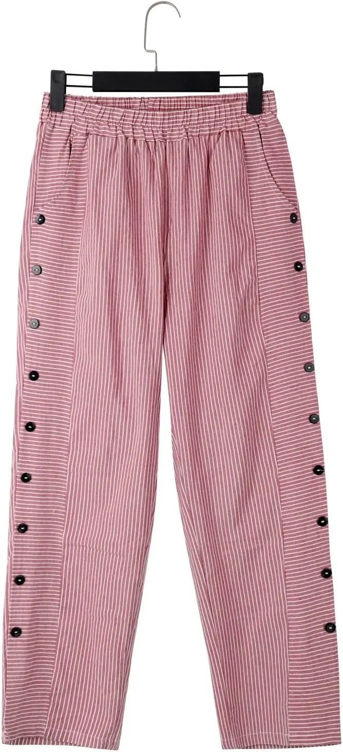 Linen Pants for Women Casual Pants Striped Side Button Plus Size Trendy Spring Summer Gauze Baggy Trousers with Pocket