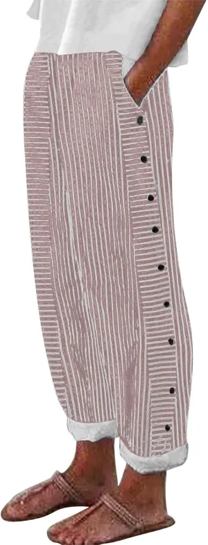 Linen Pants for Women Casual Pants Striped Side Button Plus Size Trendy Spring Summer Gauze Baggy Trousers with Pocket