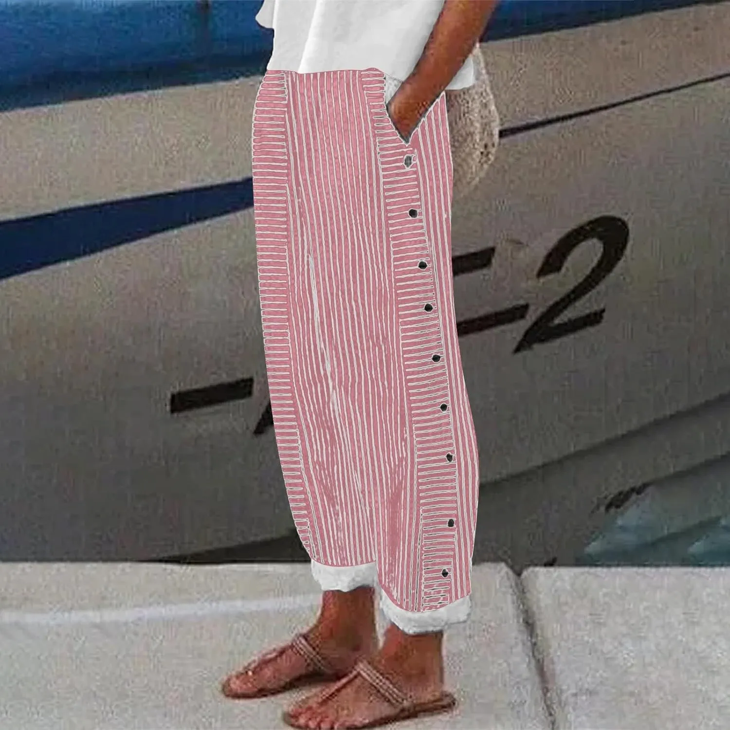 Linen Pants for Women Casual Pants Striped Side Button Plus Size Trendy Spring Summer Gauze Baggy Trousers with Pocket