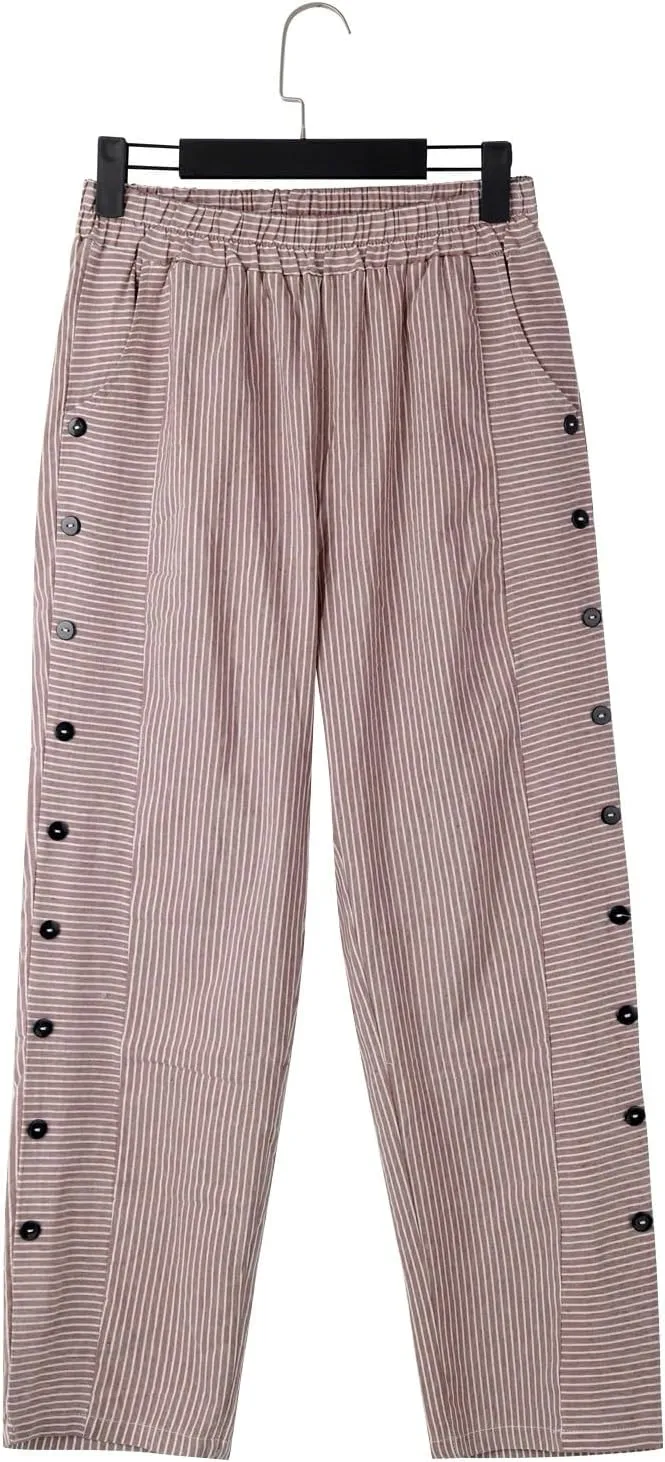 Linen Pants for Women Casual Pants Striped Side Button Plus Size Trendy Spring Summer Gauze Baggy Trousers with Pocket