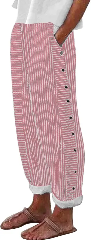 Linen Pants for Women Casual Pants Striped Side Button Plus Size Trendy Spring Summer Gauze Baggy Trousers with Pocket