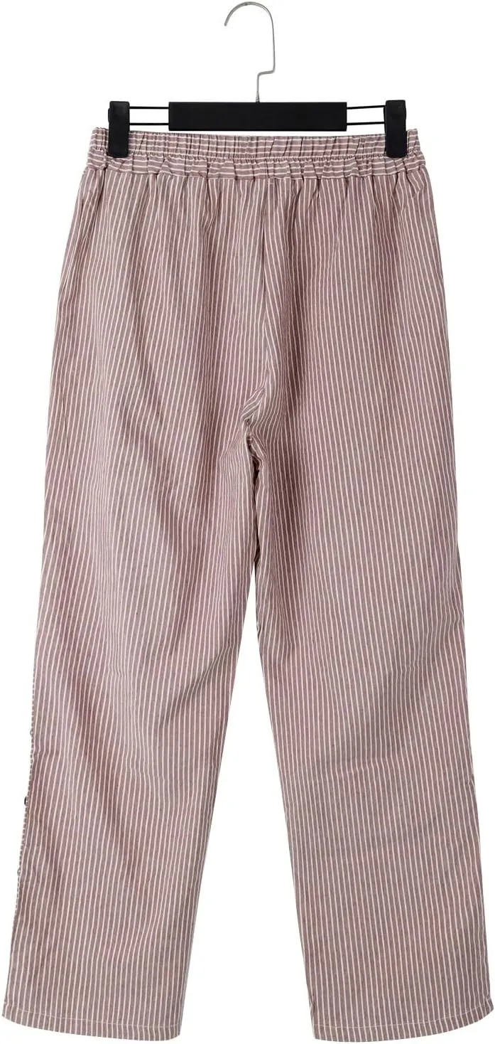 Linen Pants for Women Casual Pants Striped Side Button Plus Size Trendy Spring Summer Gauze Baggy Trousers with Pocket