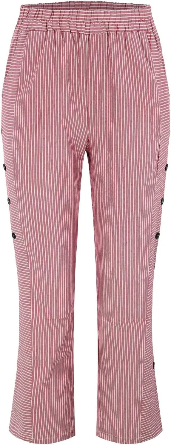 Linen Pants for Women Casual Pants Striped Side Button Plus Size Trendy Spring Summer Gauze Baggy Trousers with Pocket