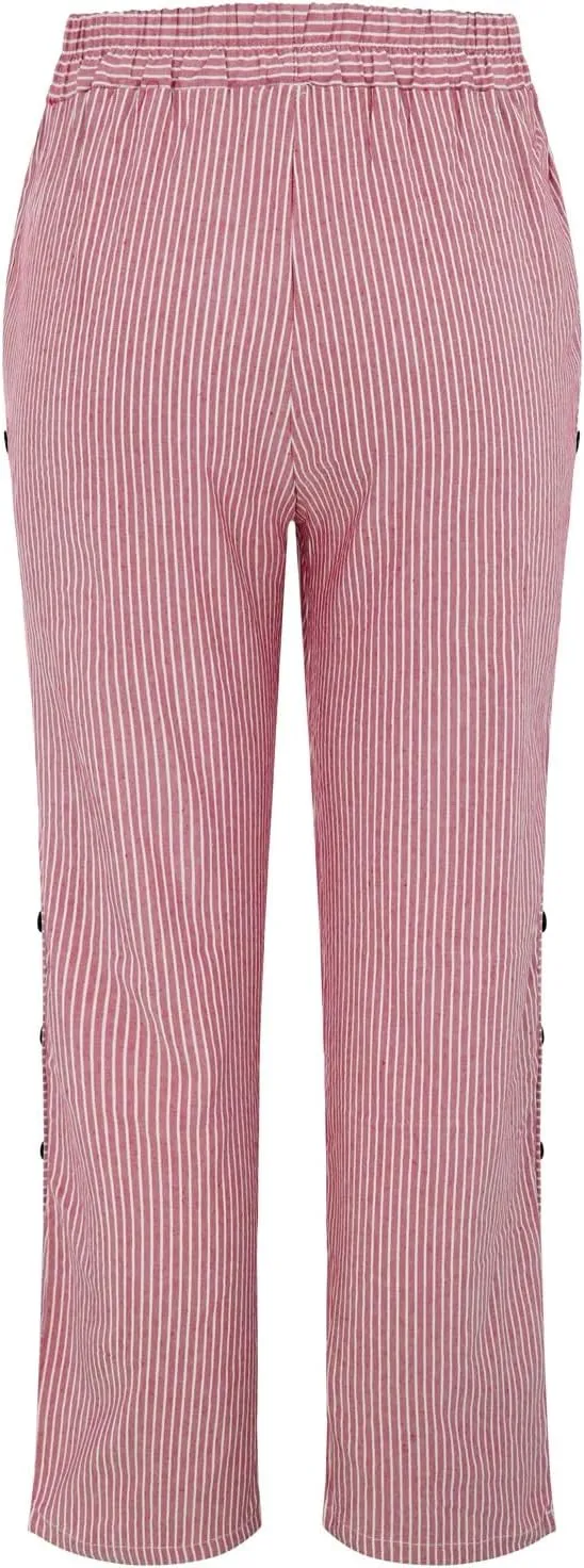 Linen Pants for Women Casual Pants Striped Side Button Plus Size Trendy Spring Summer Gauze Baggy Trousers with Pocket