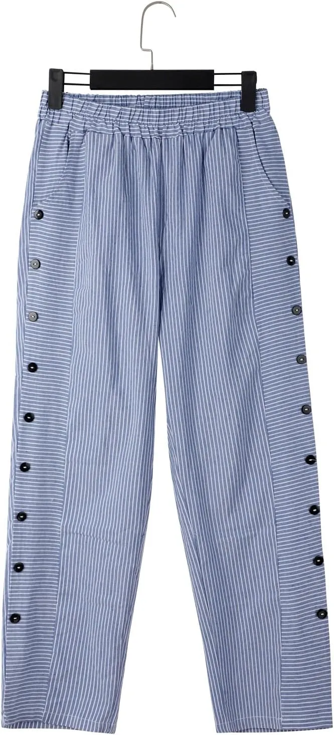 Linen Pants for Women Casual Pants Striped Side Button Plus Size Trendy Spring Summer Gauze Baggy Trousers with Pocket